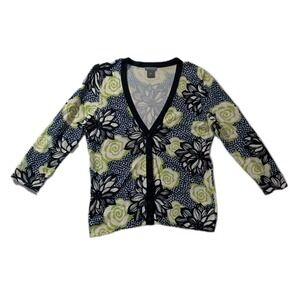 Ann Taylor Petites Floral Cardigan Sweater SP Green Black Cotton